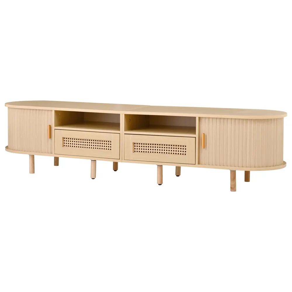 Meuble tv avec 2 tiroirs en rotin et portes coulissantes pour tv 70''