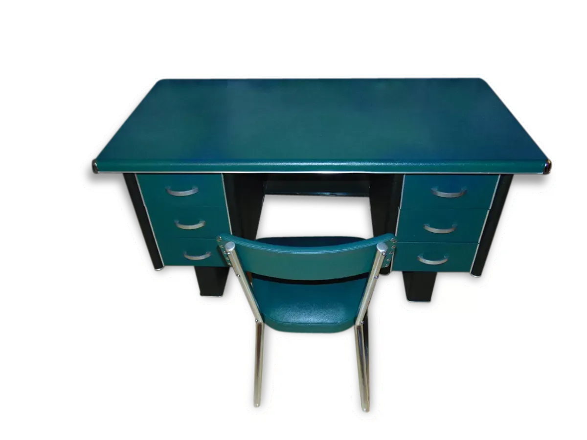 Bureau Industriel En Métal Recouvert De Skaï Vert, années 1950