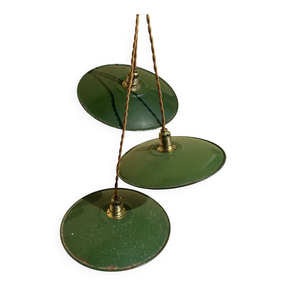 Trio de suspension abat jour tôle émaillée vintage verte