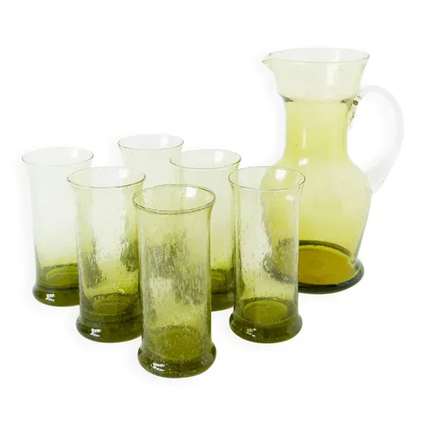 Service à orangeade en verre bullé de Biot, Long Drink, vert, 1960