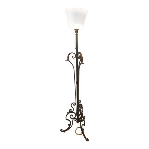 Lampadaire ancien fer forgé et opaline Art Déco 1m80