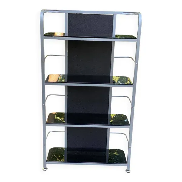 Étagère vintage en métal chromé et verre fumé 143cm