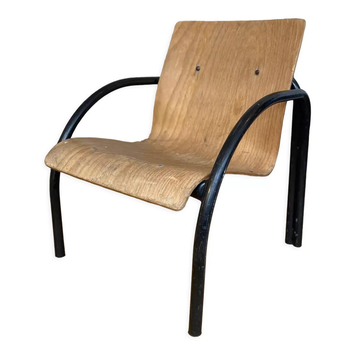 Fauteuil chauffeuse bois et métal années 80