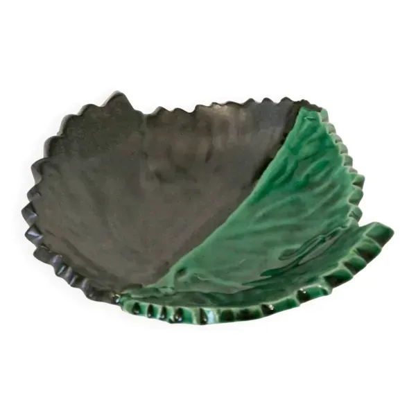 Vide-poche en céramique feuille bicolore, vert et noir, signé, 1960