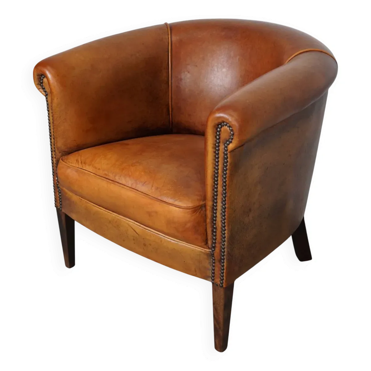 Fauteuil club vintage hollandais en cuir couleur cognac