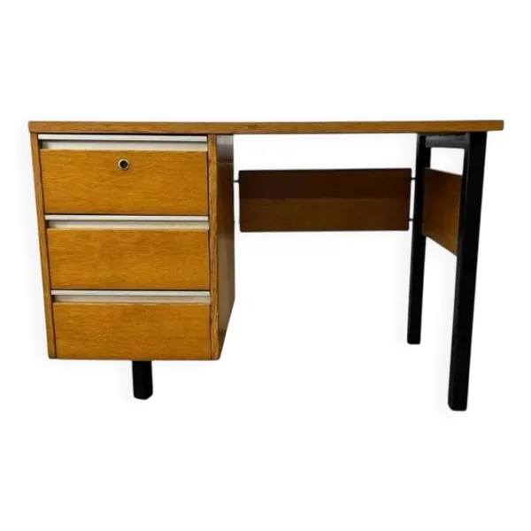 Bureau en bois vintage avec cadre en acier noir