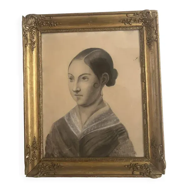 Portrait de jeune femme au fusain, école française vers 1840