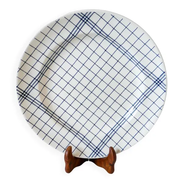 Plat rond Gien rayé bleu et blanc 1960