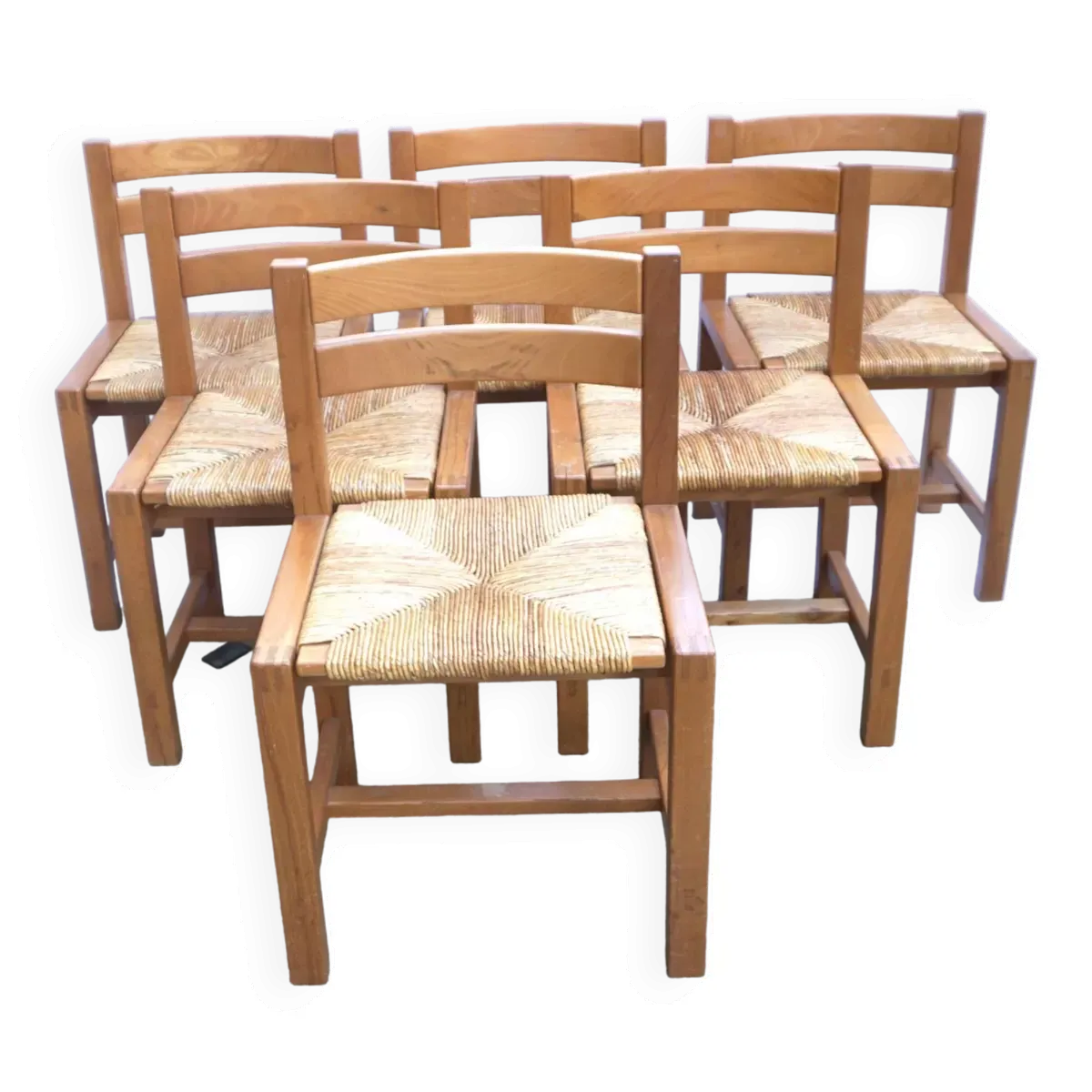 Suite de 6 chaises en orme et paille Maison Regain
