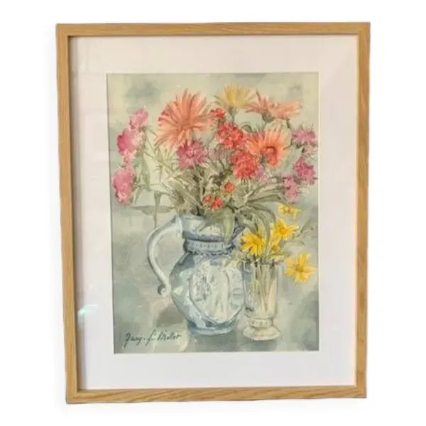 Aquarelle ancienne signée Jany. F. Millet (1926-1992), bouquet de fleurs sous verre encadré, 1950