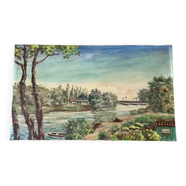 Tableau huile sur toile paysage rivière pont de bellerive signé ''morand'' vinage