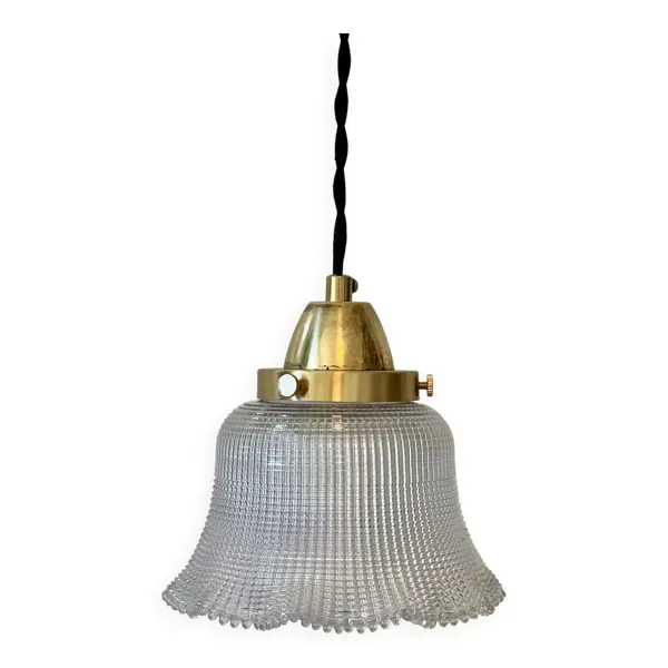 Baladeuse en verre industriel Holophane avec accroche laiton