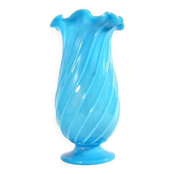 Vallerysthal vase ancien en opaline soufflé bleu turquoise côtes torses