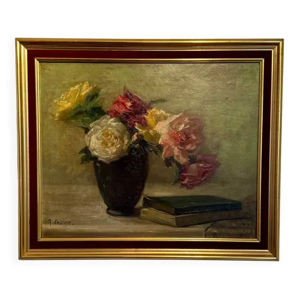 Tableau ancien, Nature morte aux roses, signée Chaleyé