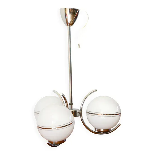 Suspension 3 feux en opaline et chrome, Art Déco, 1940