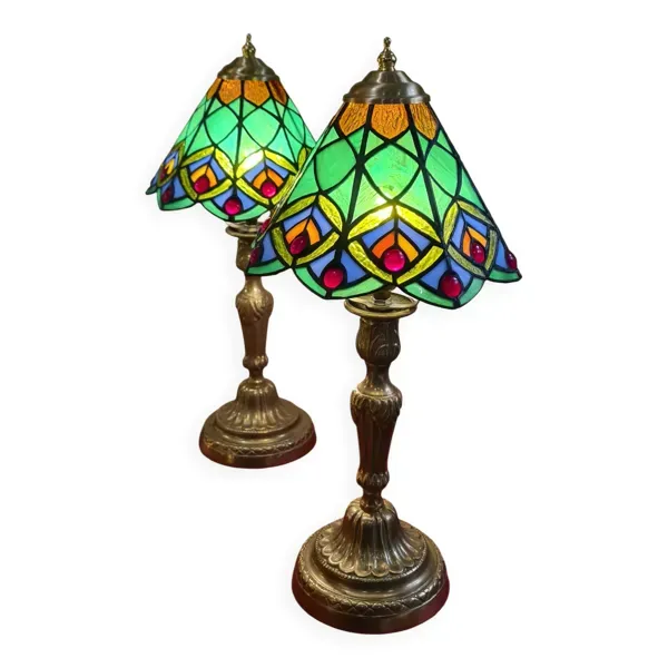 Paire lampe bronze ancienne abat jour verre 44x21 vitrail style tiffany