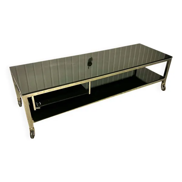 Table basse design vintage chrome et verre fumé noir sur roulettes