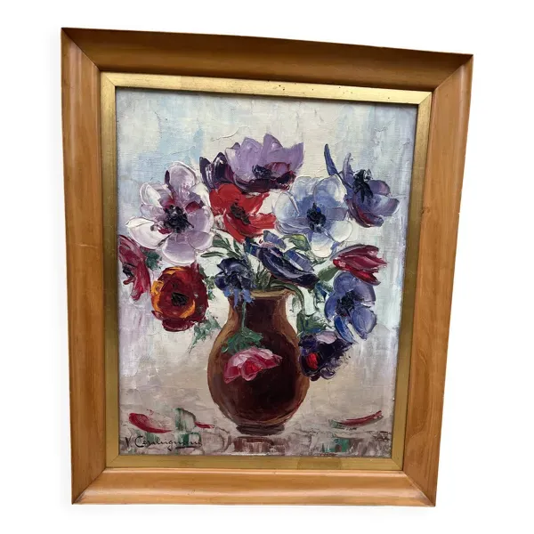 Tableau vintage – Huile sur toile bouquet de fleurs – signé – années 50