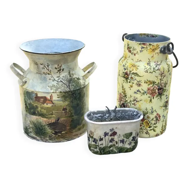 Ensemble de pots de fleurs, jardinières florales en tôle française, jardinières en métal, français