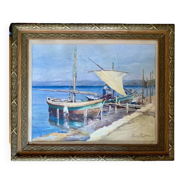 Tableau ancien ''Marine aux bateaux'' signé Marie Piat , années 30-40