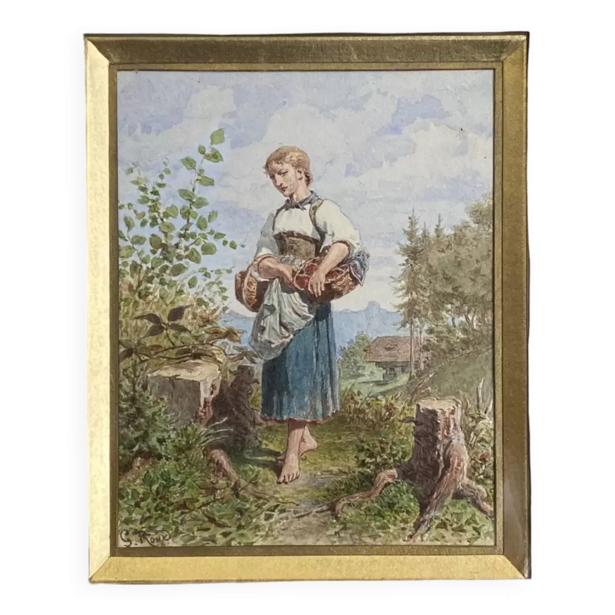 Tableau Aquarelle ''Jeune femme au panier'' Gustave Roux (1828-1885)