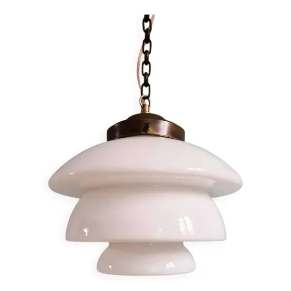Suspension art déco en opaline blanche et monture cuivrée, années 1920-30