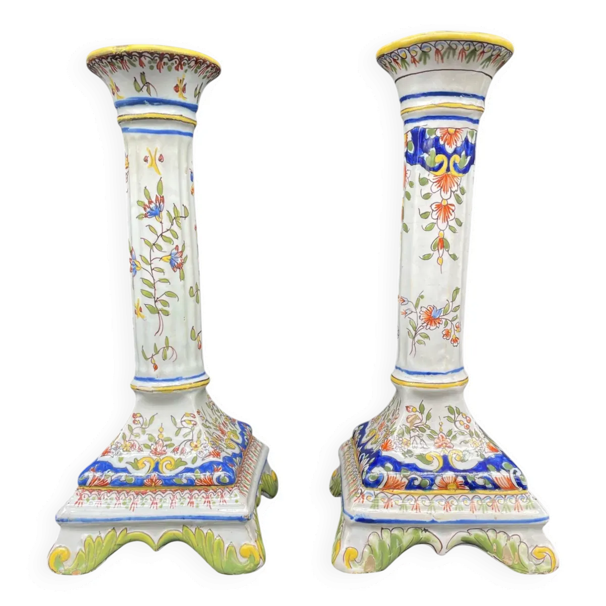 Bougeoirs, base carré, XIXème, Fourmaintraux, Desvres, décor fleurs, volutes, lambrequins, treillis