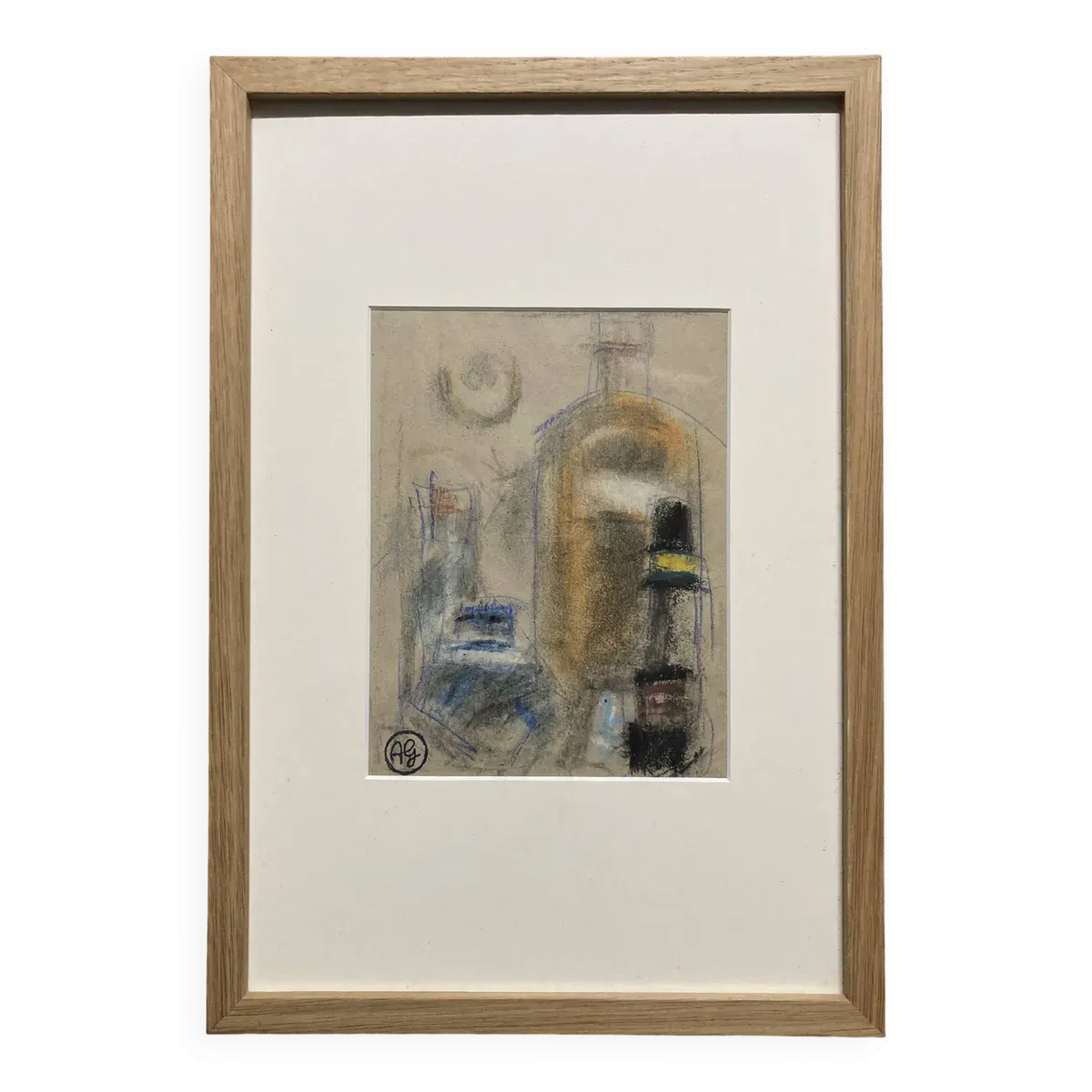 Alfred Gaspart (1900-1993), ''Les Bouteilles'' Nature morte cubiste, dessin au crayon et pastel gras
