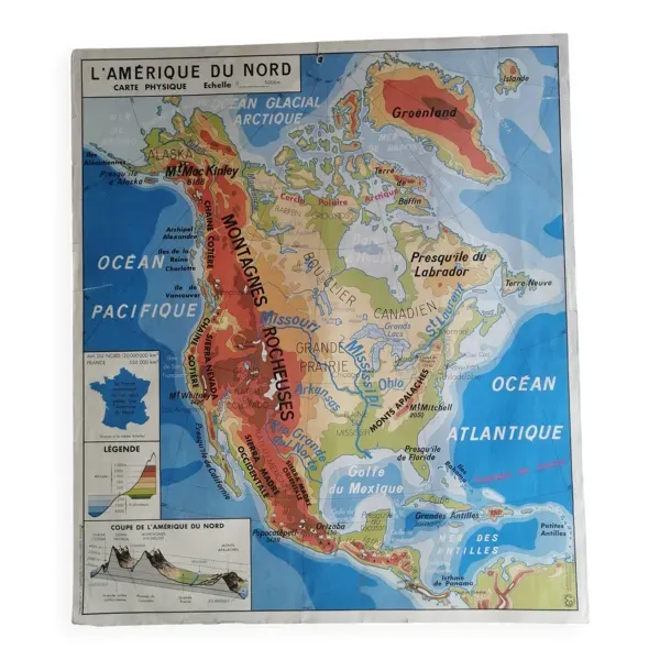 Carte physique d'école Amérique du nord / Asie vintage.
