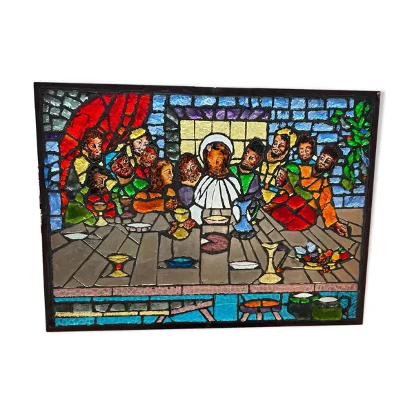 Grand vitrail la cène circa 1960 - blocs de verre bruts - h 119 x l 161 cm