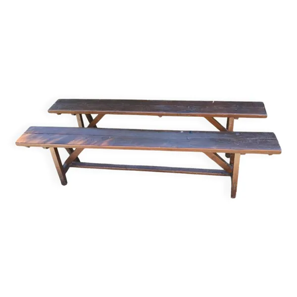 Paire de longs bancs anciens rustiques en bois massif – 195 cm