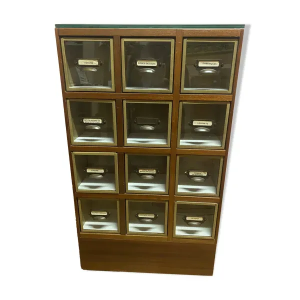 Meuble de grainetier sur roulettes, 12 tiroirs compartimentés