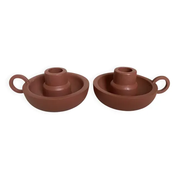 Paire de bougeoirs rat de cave céramique marron mat