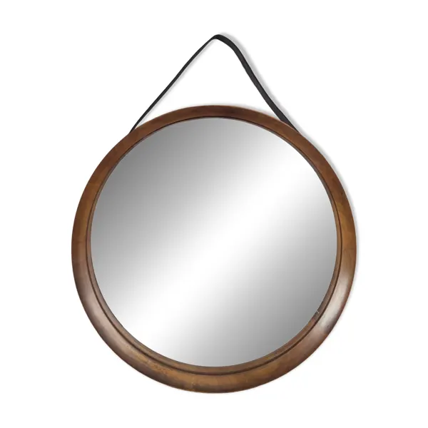 Miroir rond en teck et cuir Luxus Vittsjö par Uno et Östen Kristiansson