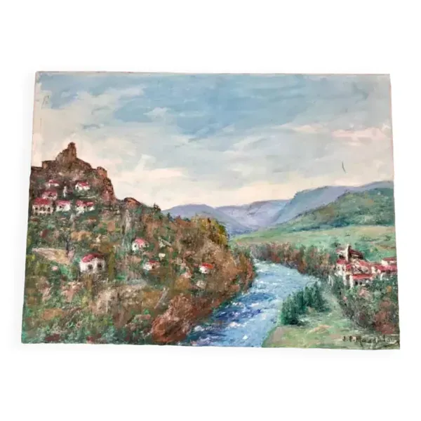 Tableau huile sur toile chateau signé vintage