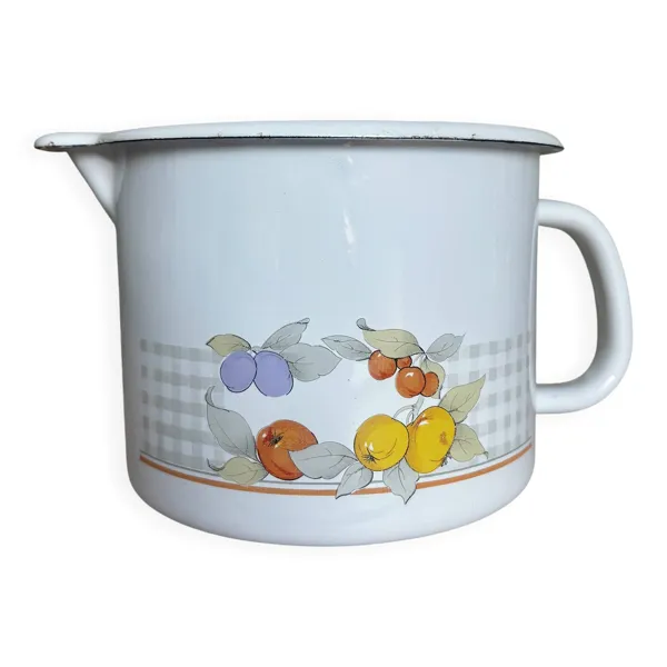 Vintage pot à lait en métal émaillé blanc fruits