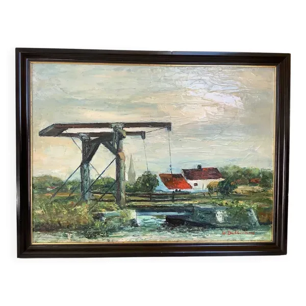 Tableau paysage de canaux huile sur panneau signée