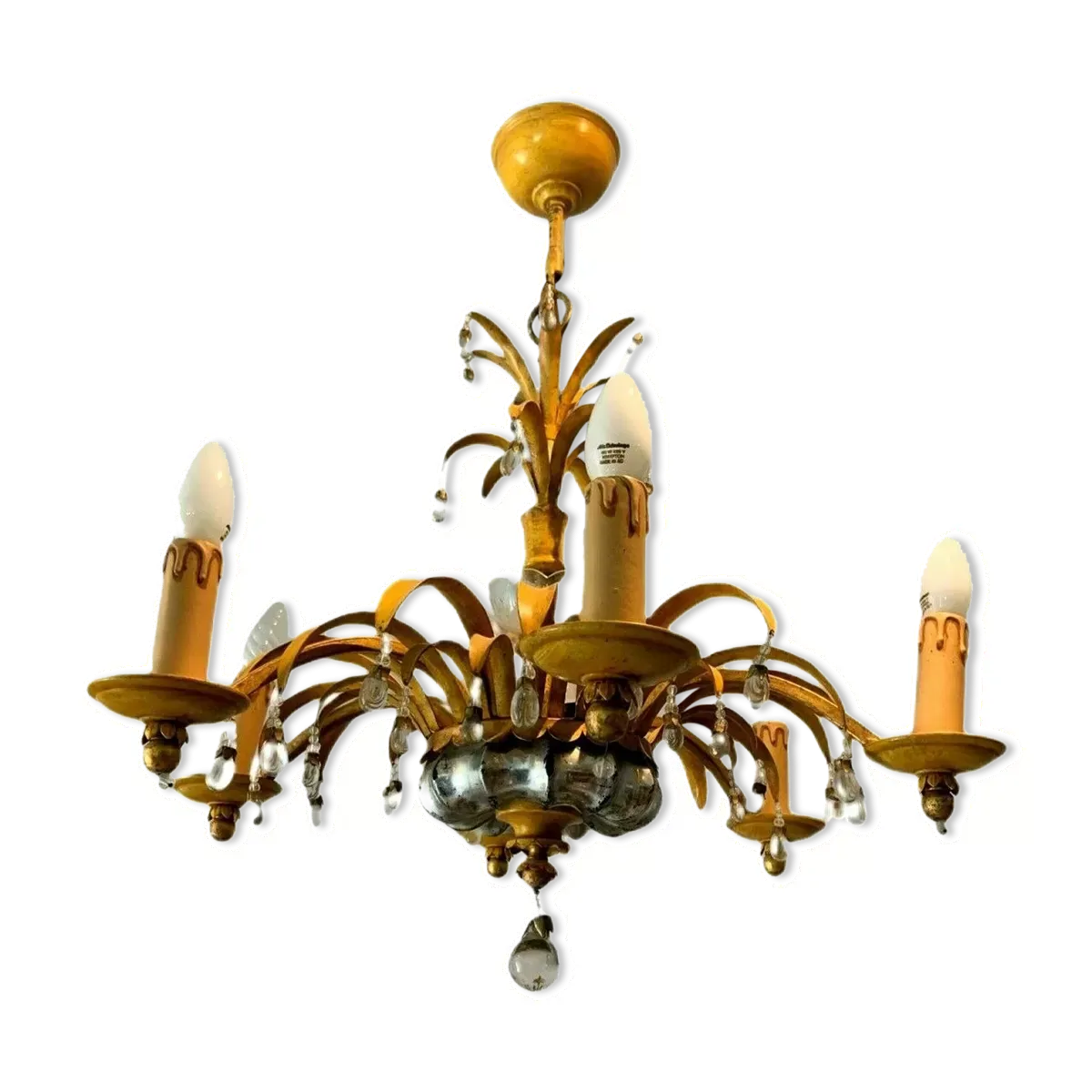 Lustre en verre et tôle patinée six bras de lumière XX siècle