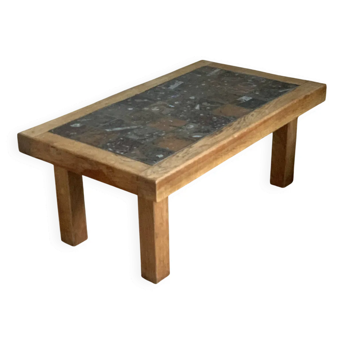 Table basse brutaliste en chêne massif et marbre, années 70