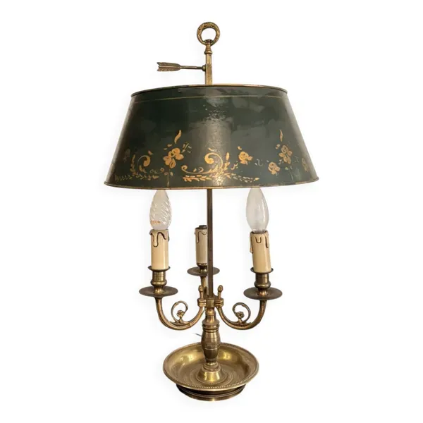 Lampe Bouillotte trois Bras Feu Abat Jour Tôle Vert Empire Directoire