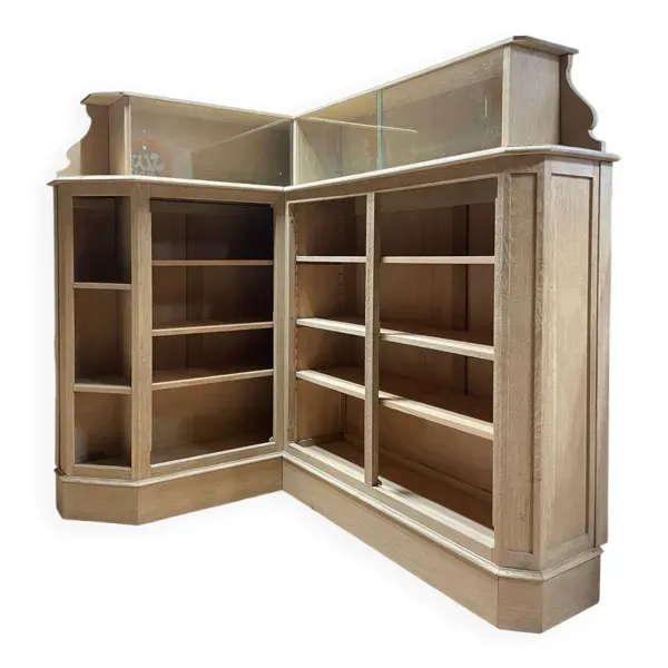 Meuble de métier ancien d’angle en chêne – bibliothèque / meuble de ra