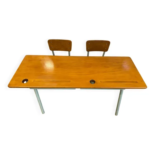 Ancien pupitre double d’écolier –  bois et métal