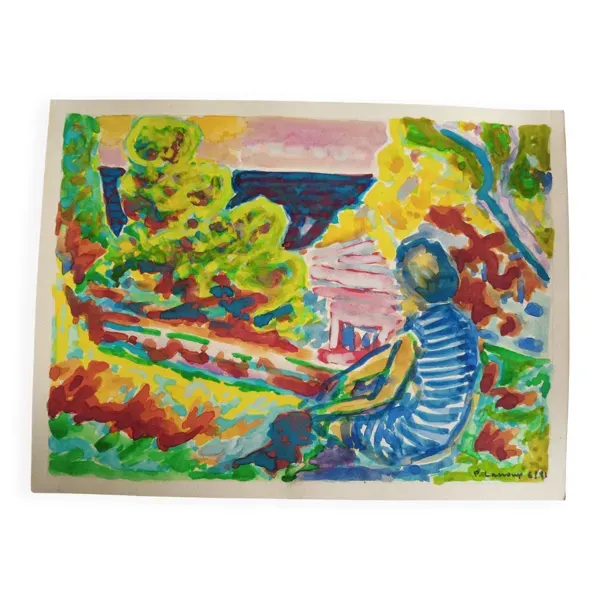 Gouache paysage et personnage, Pierre Lacroux (1909- 1993)