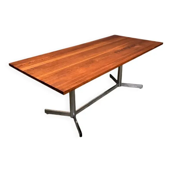 Table de salle à manger vintage chromée en merisier massif de style industriel