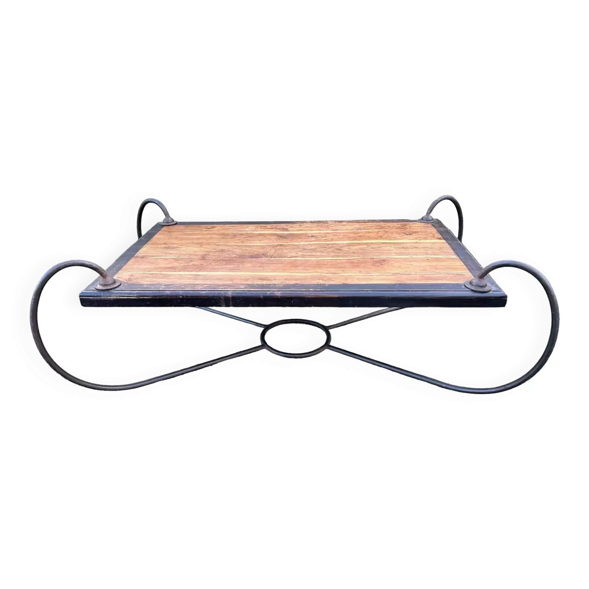 Table basse en bois et fer forgé, esprit industriel, années 80