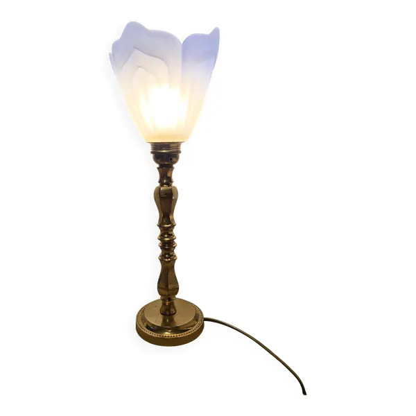 Lampe à poser bleu doré laiton et tulipe opaline Art nouveau