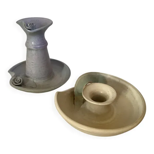 Paire de bougeoirs céramique signée