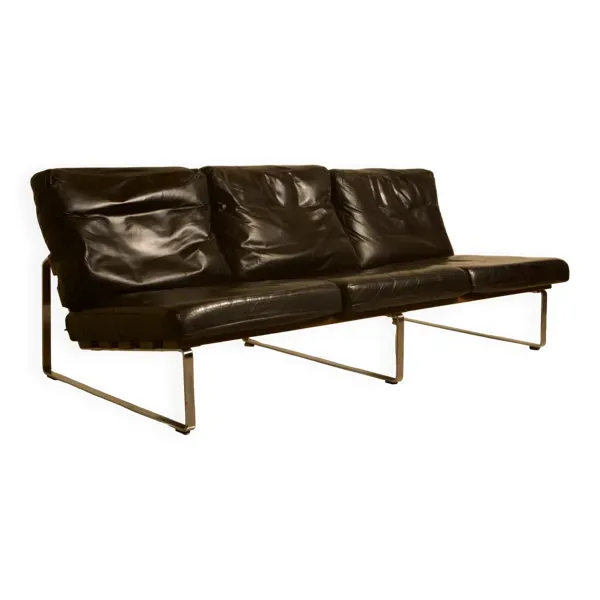 Banc néerlandais unique en cuir noir et structure en acier et wengé 60's