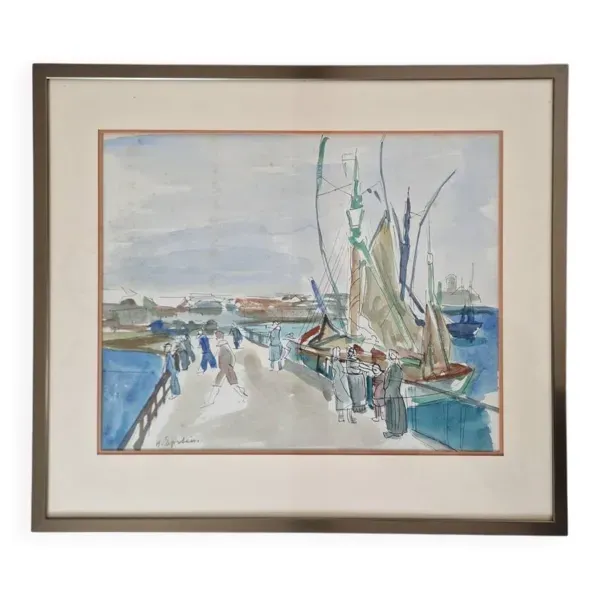 Henri Epstein (1891-1944) - Aquarelle sur papier - Port animé - Signée