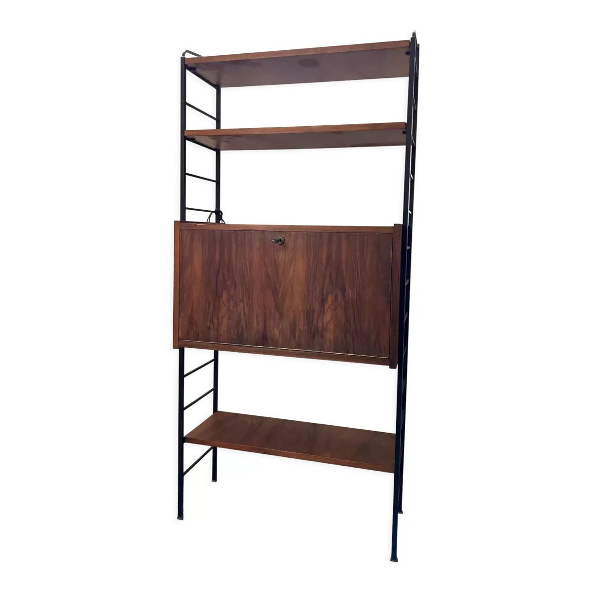 Bibliothèque bureau scandinave en teck et fer noir, ladderax